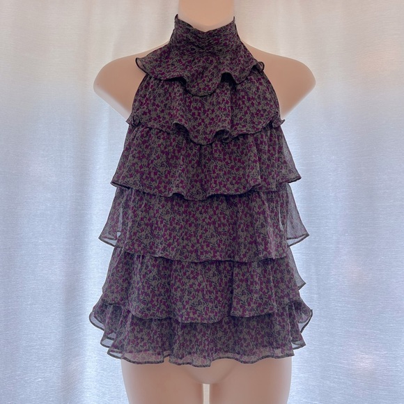 Women's Ruffled Floral Halter Top, Purple/Green, S - Picture 9 of 9